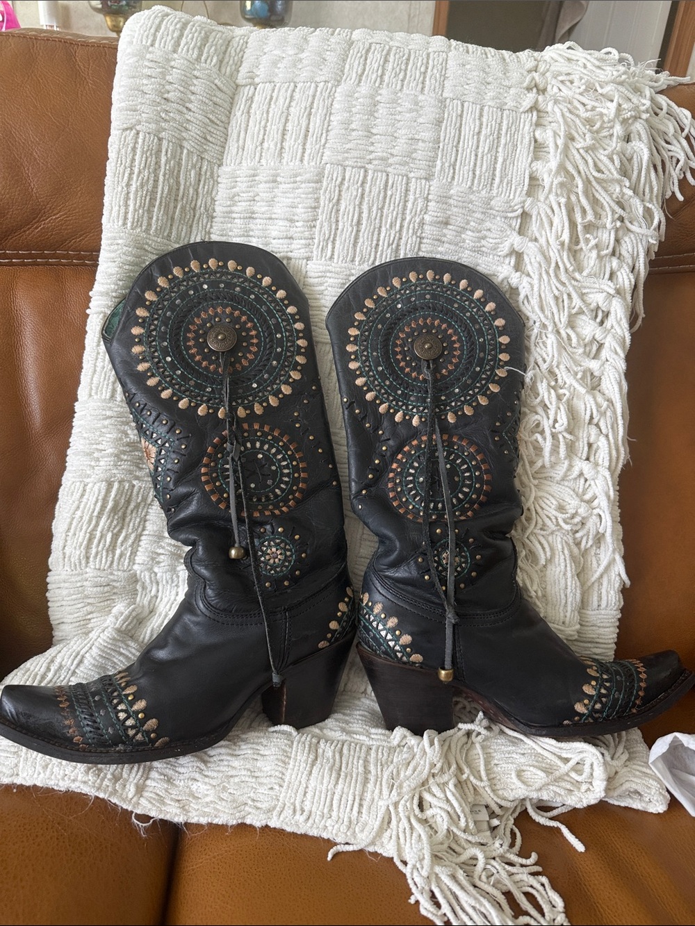Decorative Black Embellished Leather Boots - Boho Accent